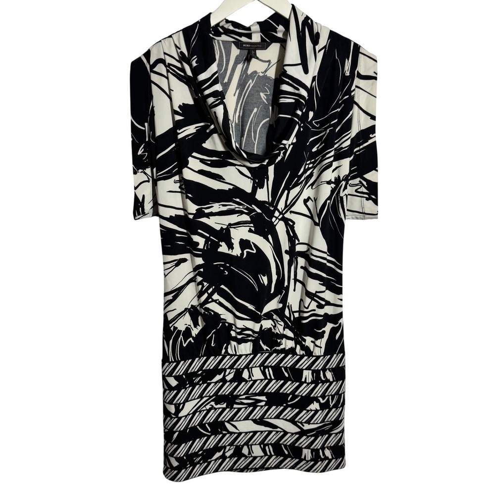 BCBGMAXAZRIA Black White Abstract Floral Cowl Neck Drop Waist Mini Dress S Y2K